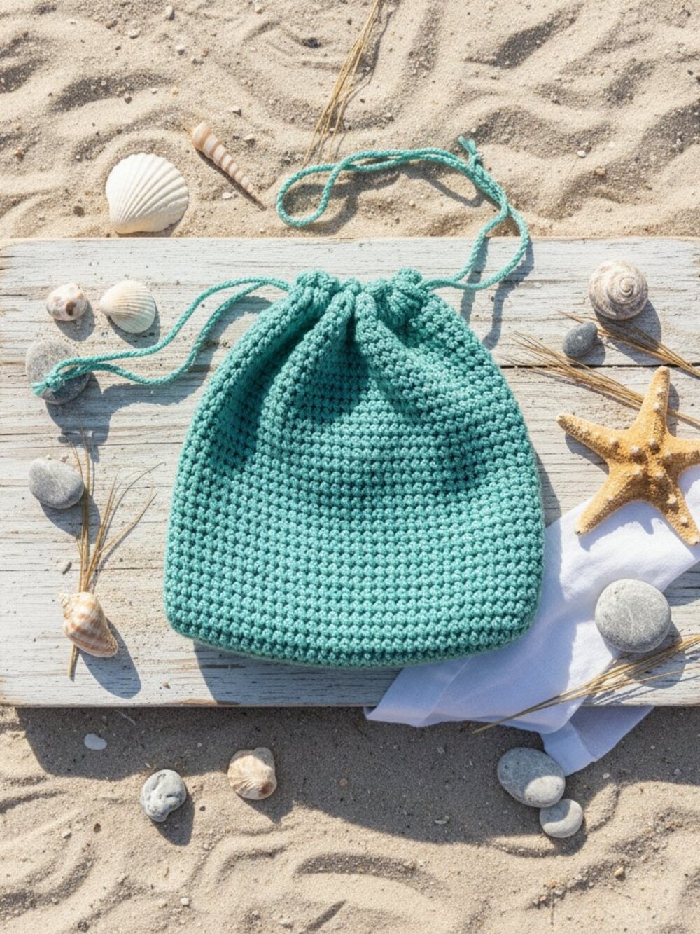 Teal Turquoise Drawstring Pouch | Handmade Crochet Gift Bag